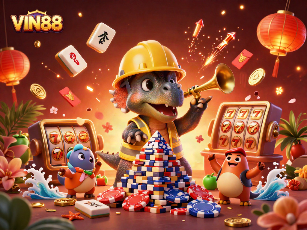 Experience the excitement of VIN88 with a festive casino scene featuring vibrant characters and dynamic game elements.
