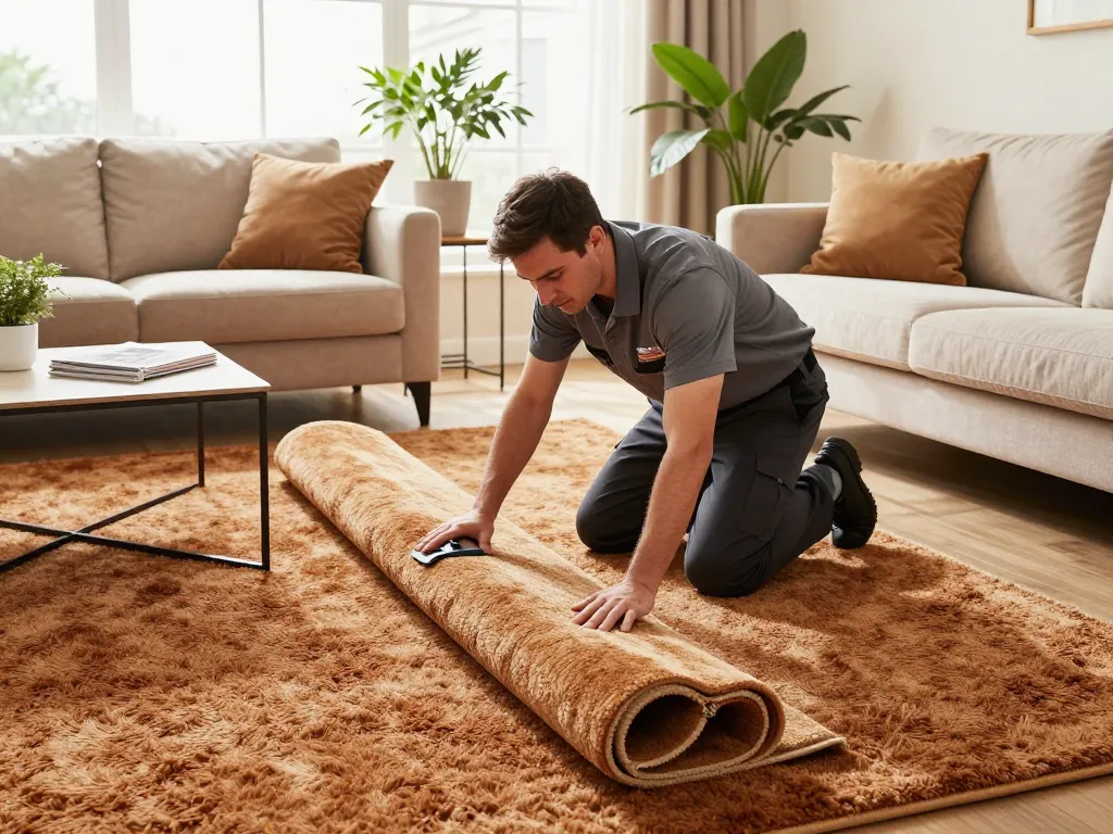 Professional carpet fitters near me installing plush carpet in cozy living room.