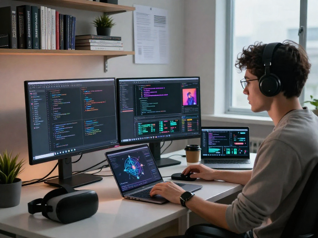 AI NSFW content analysis workspace with a focused developer, dual monitors showing provocative data, and tech gadgets.
