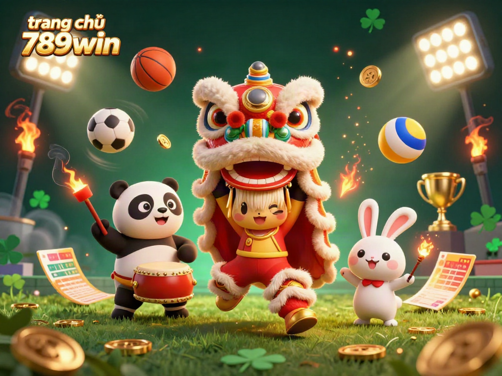 Experience the excitement at trang chủ 789win with a vibrant illustration of a lion dance, drumming panda, and sports elements.