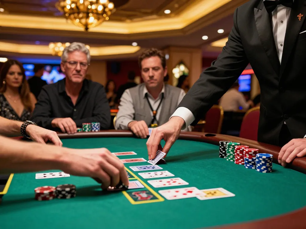 Players enjoying the S8 blackjack table action with chips being placed during an intense game.