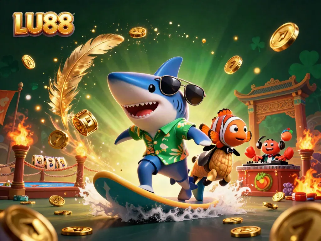 LU88 offers a vibrant scene of gaming excitement with playful sea creatures celebrating online betting.