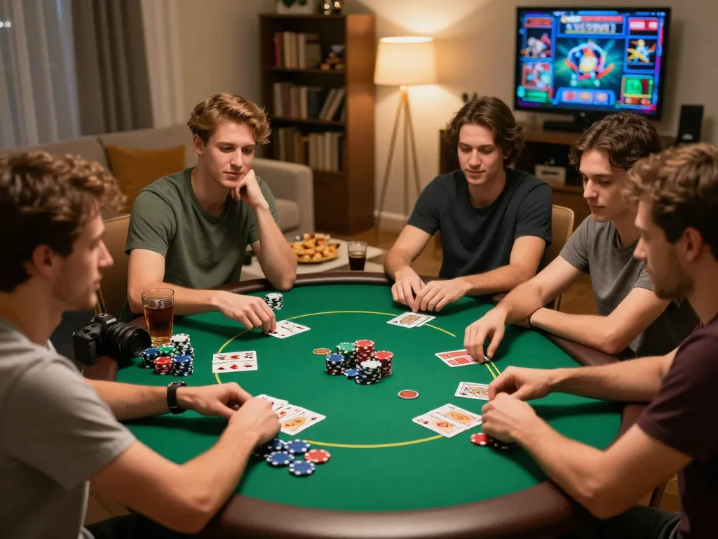 Friends bonding over poker gameplay at home, showcasing the engaging spirit of 888NEW entertainment.