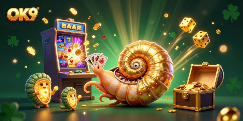 Experience the thrill of OK9 with a giant nautilus roulette wheel and slot machine explosion in this vibrant casino illustration.