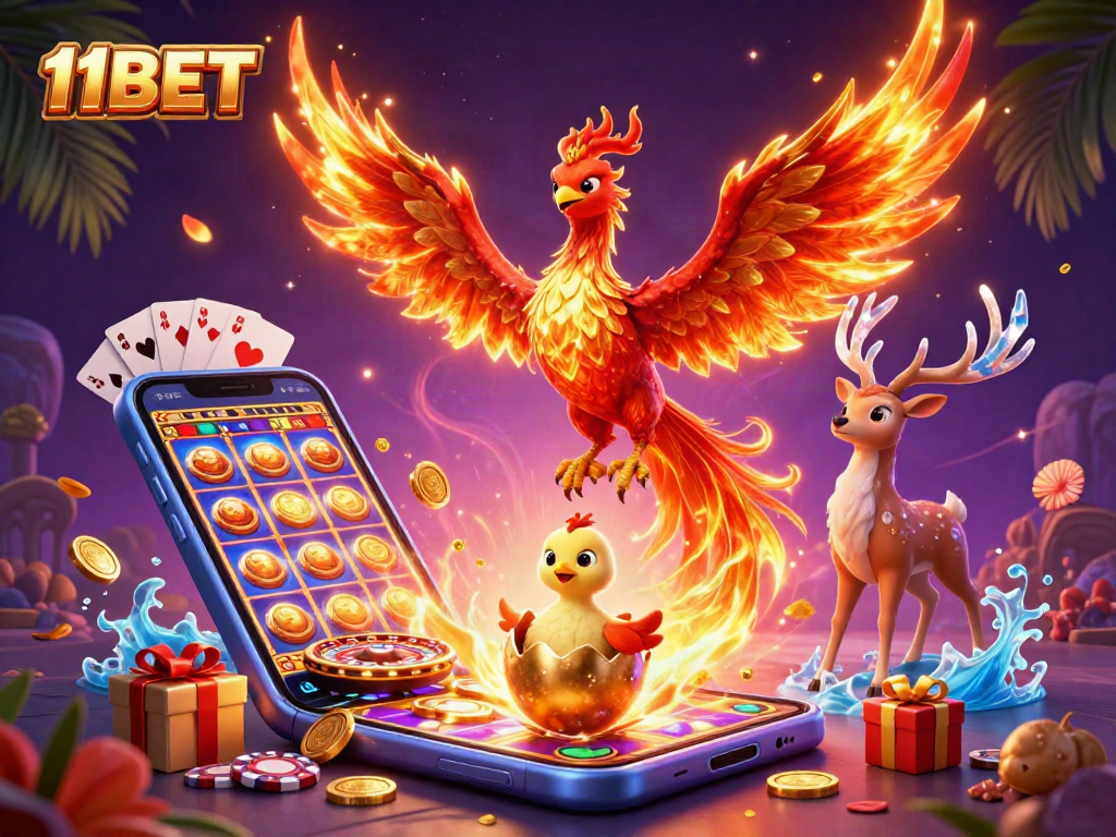Engage with thrilling 11BET casino games featuring a dynamic phoenix scene with vibrant game elements.