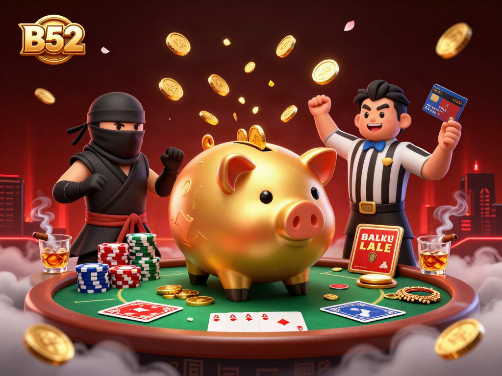 B52 sumo wrestler piggy bank engaging in a lively poker scene filled with action and excitement.
