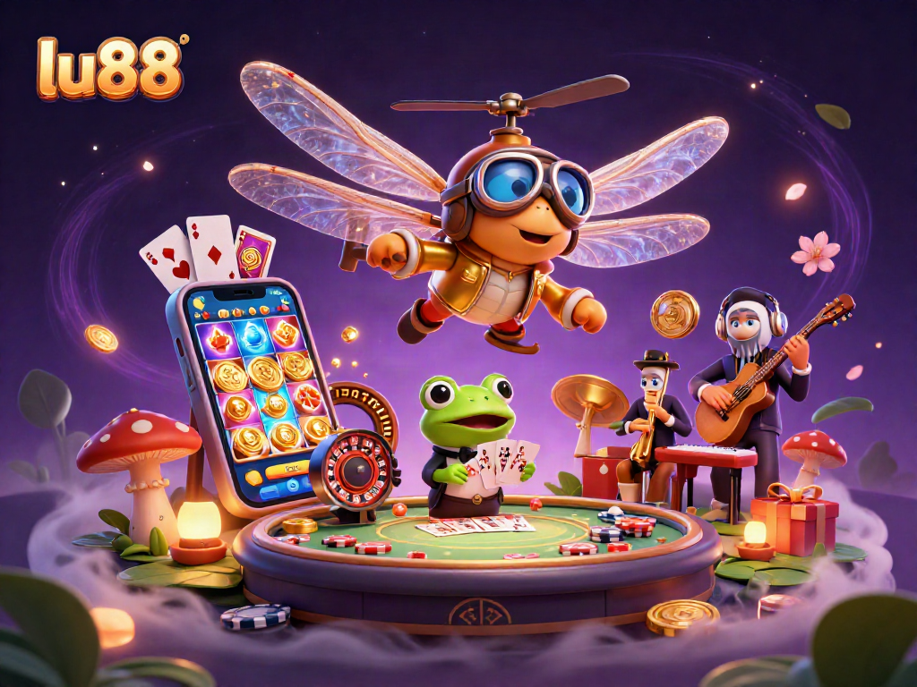 Experience exciting gaming action at lu88 as a frog dealer presents cards in a vibrant casino scene.