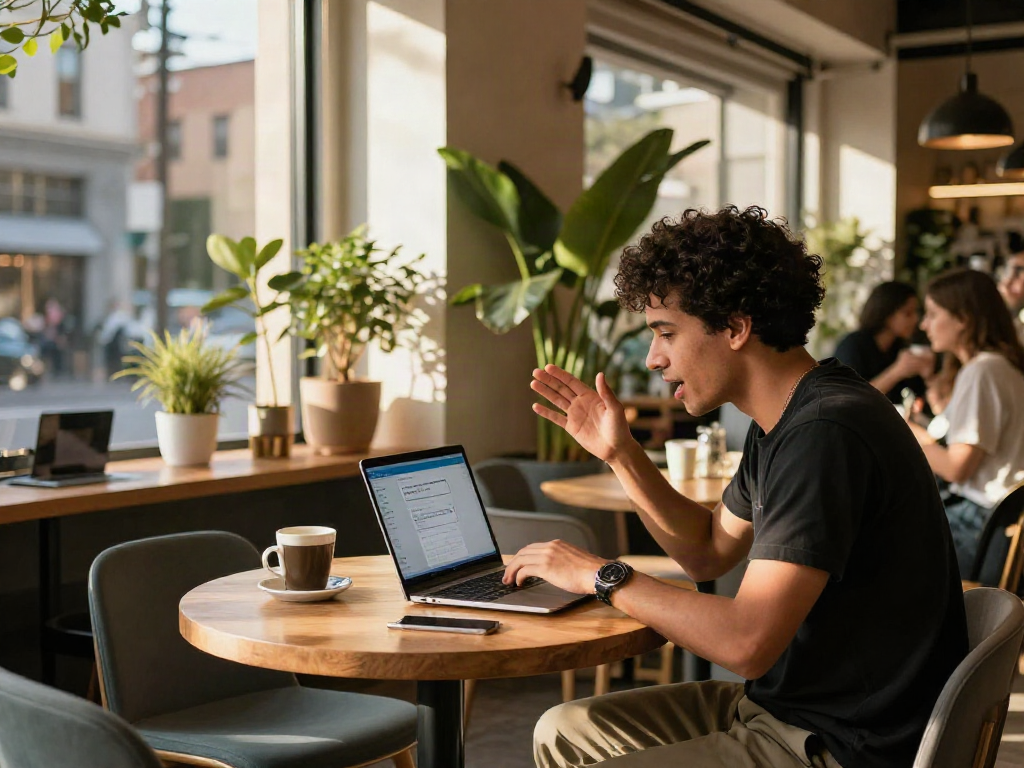 Individual using a porn AI chat application at an urban cafe, showcasing modern digital interaction.