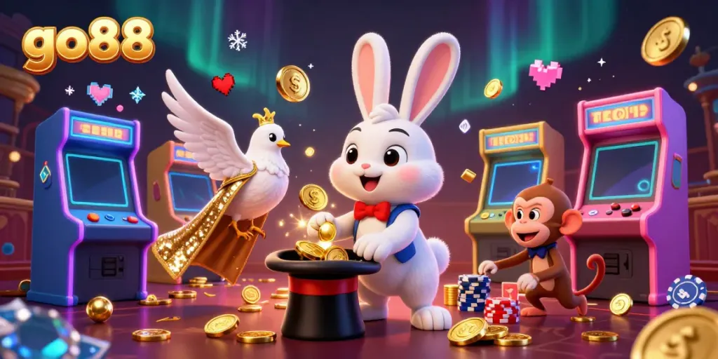Win big with the go88 casino featuring a magician, dove, and monkey in an exciting game scene.