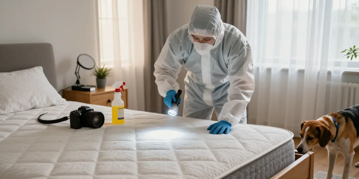 Expert bed bug removal in home bedroom, exterminator inspecting mattress with dog and tools.