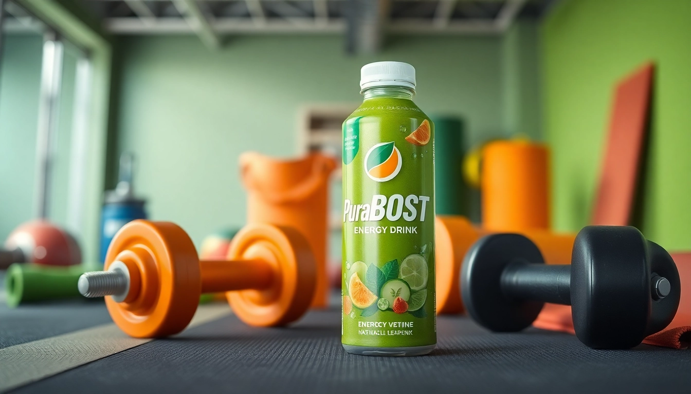 Puraboost energy drink showcased in an active fitness setting with vibrant colors and athletic props.
