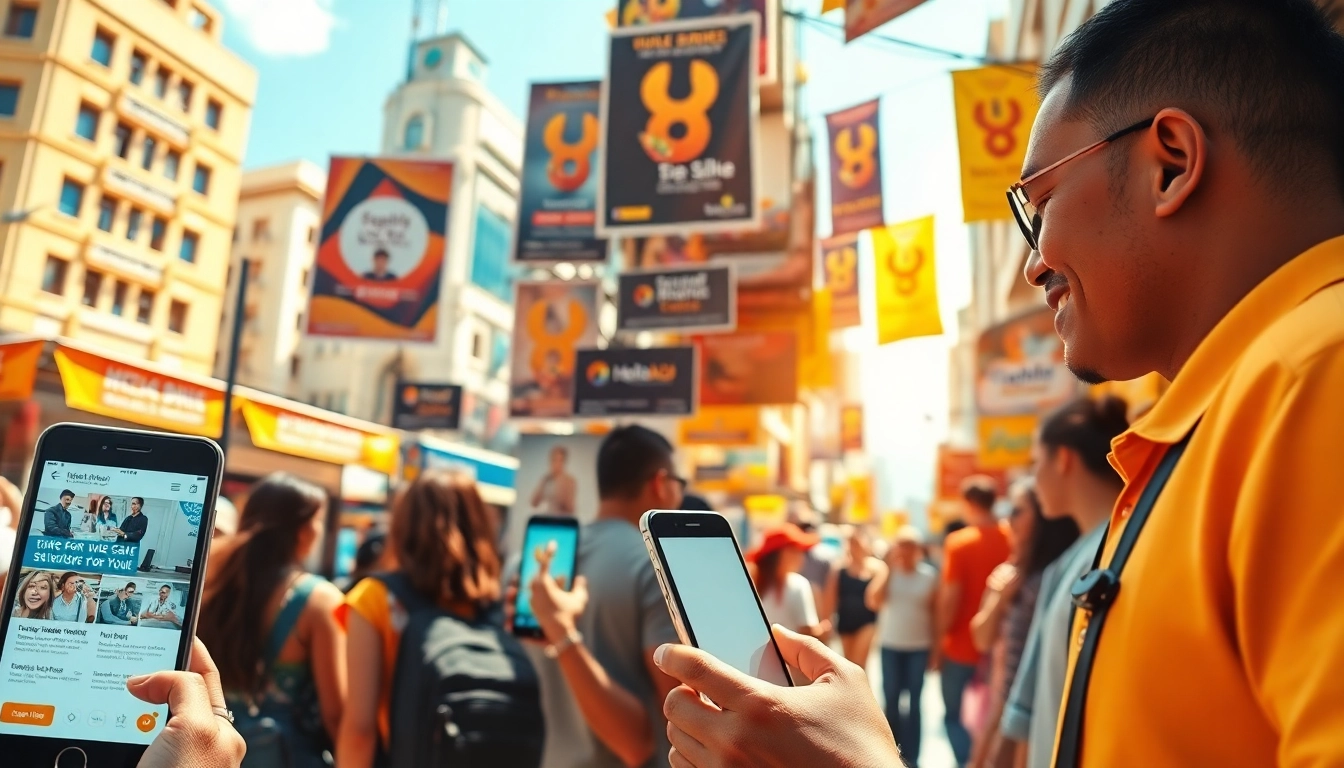 Hela Ad services showcased in a bustling marketplace, displaying various advertisements.