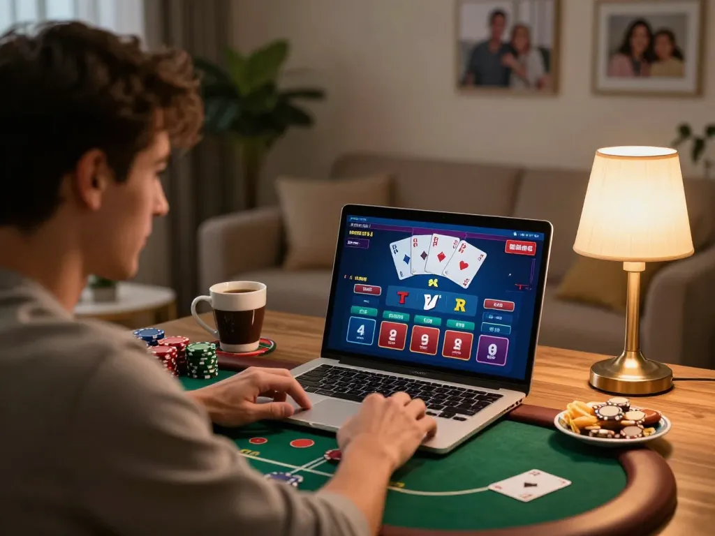 Play online poker strategically with Okfun in a cozy living room setting.
