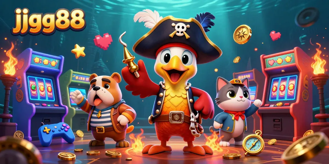 Engage in thrilling gaming adventures with jjgg88 as our cartoon pirate captain and crew navigate colorful casino elements!
