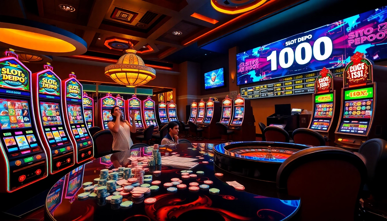 Menang di Slot Depo 1000 dengan mesin yang berwarna-warni dan pemain yang bersemangat di kasino mewah.