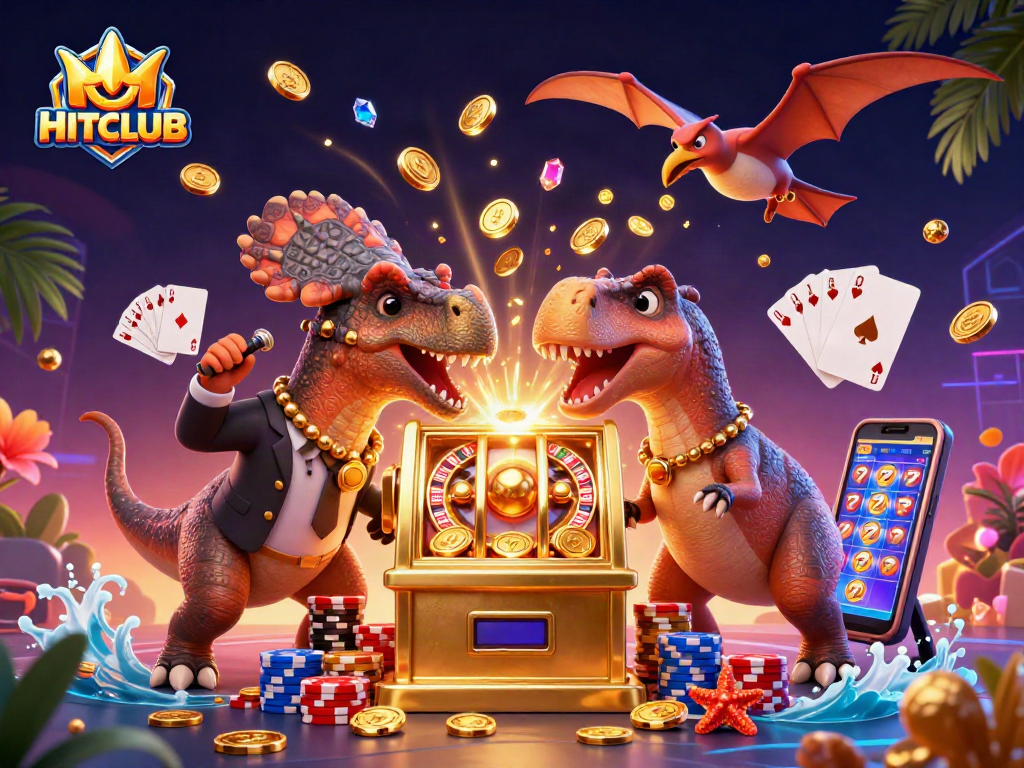 HITCLUB players celebrate jackpot wins with vibrant 3D casino graphics featuring slot machines and gold coins.