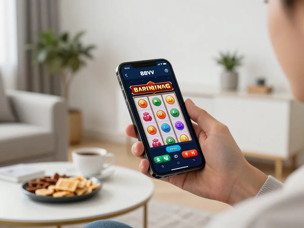 Player enjoying a thrilling slot game on the 88vv mobile app, showcasing vibrant graphics and gameplay