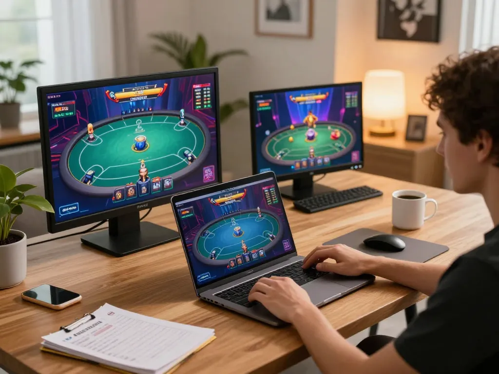 Player strategizing in a game bài session at home, engaging with online poker interface, warm lifestyle setting