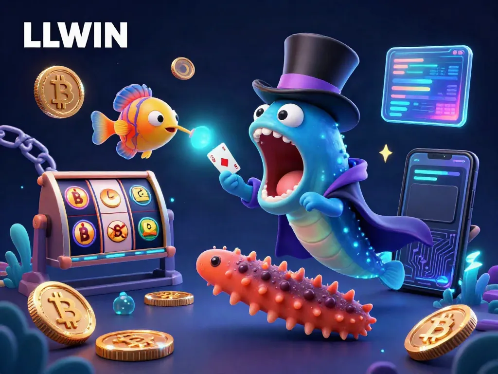 LLWIN captivating gaming illustration featuring an energetic eel magician performing tricks amidst vibrant casino elements.