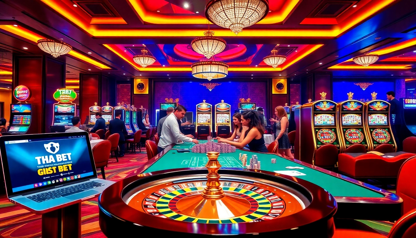 Engaged players enjoying THA BET at a vibrant casino with roulette and poker games.