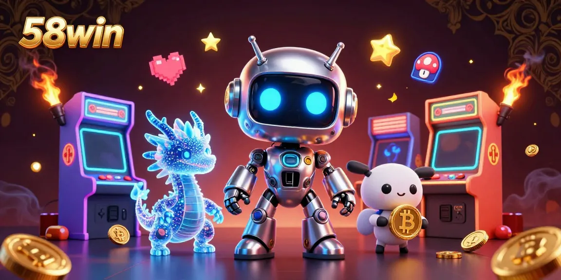 Engaging scene showcasing 58win with a cyberpunk robot, a holographic dragon, and cryptocurrency elements in a lively gaming atmosphere.