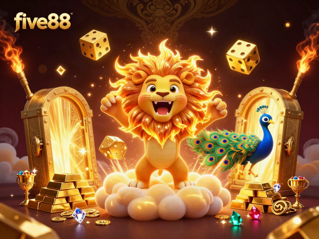 Experience the excitement of five88 with vibrant visuals of a majestic lion and dazzling casino riches in a 3D illustration.