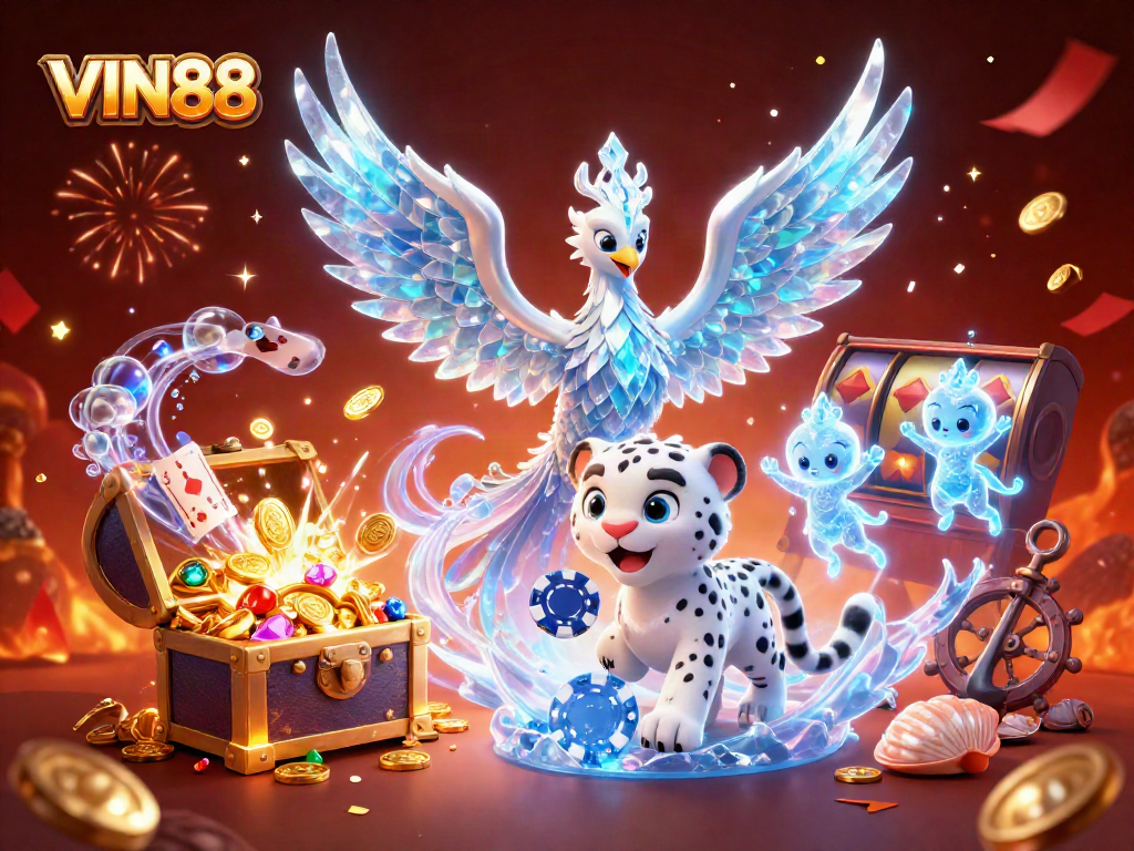 Experience the thrill of VIN88 as an ice phoenix and snow leopard cub come alive in an enchanting casino realm.