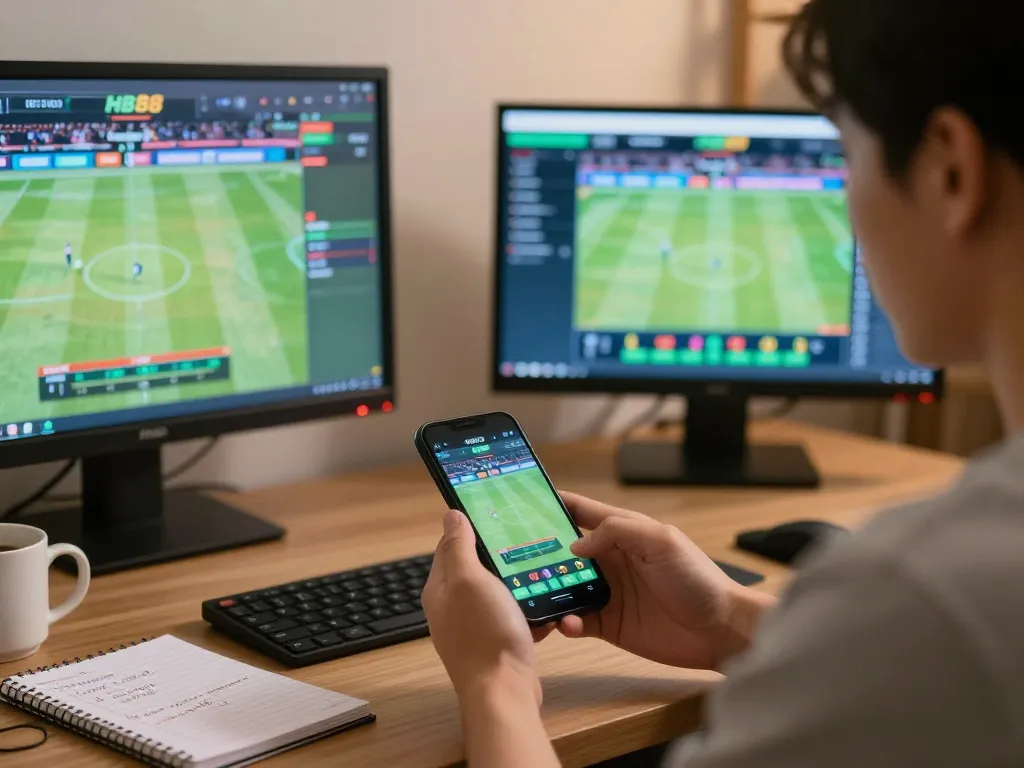 Person placing live bets on HB88 sports betting app while enjoying a cozy home setup