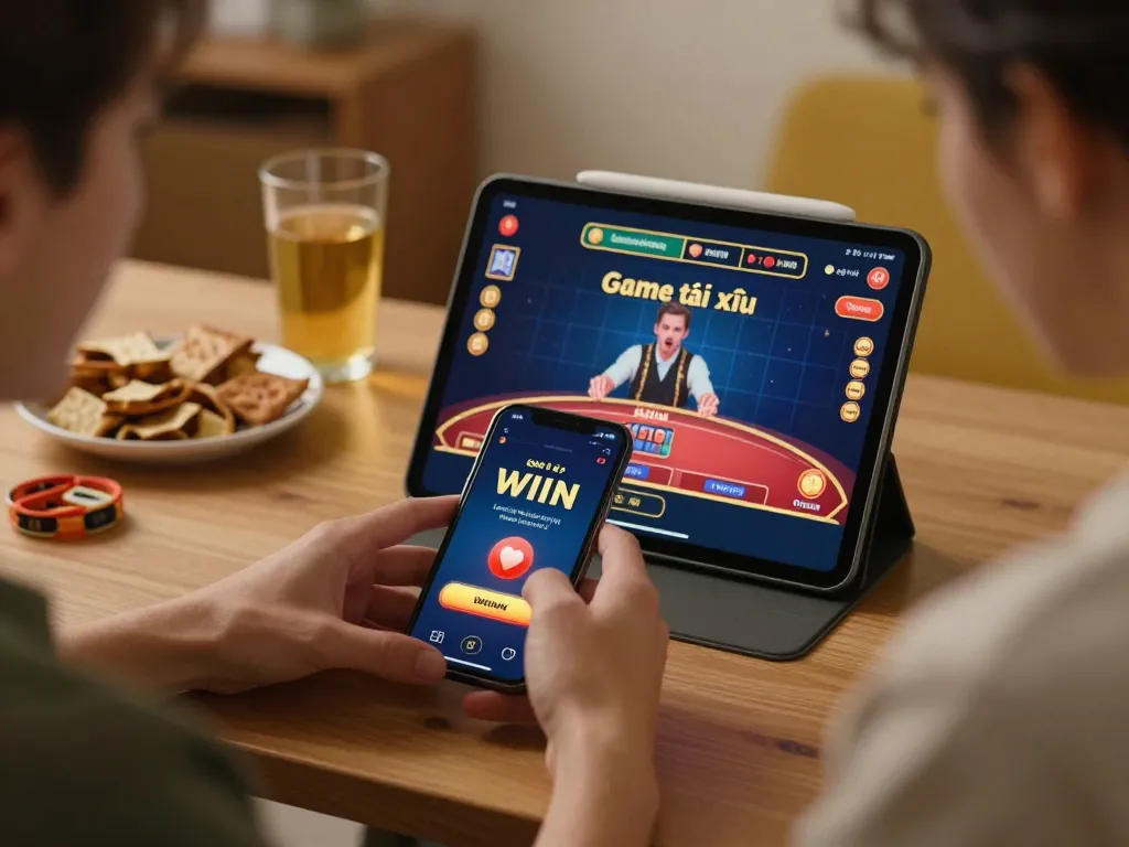 Engaging gameplay of Game tài xỉu on a smartphone in a cozy home setting, emphasizing excitement and strategy.