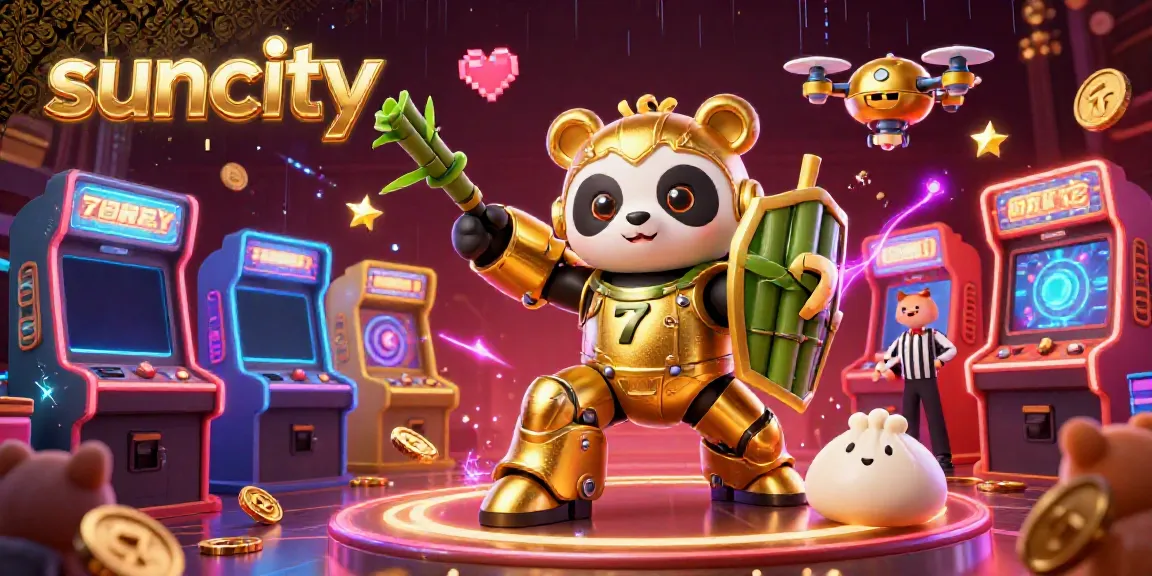 Engage in thrilling gameplay at suncity with vibrant slot reels, a golden panda, and cheering animal fans.