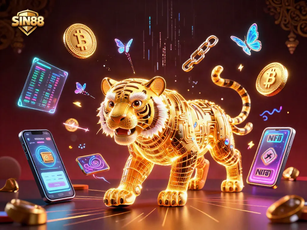 SIN88 introduces a vibrant digital casino world, featuring a neon tiger among crypto elements.