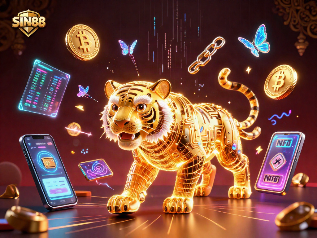 SIN88 introduces a vibrant digital casino world, featuring a neon tiger among crypto elements.