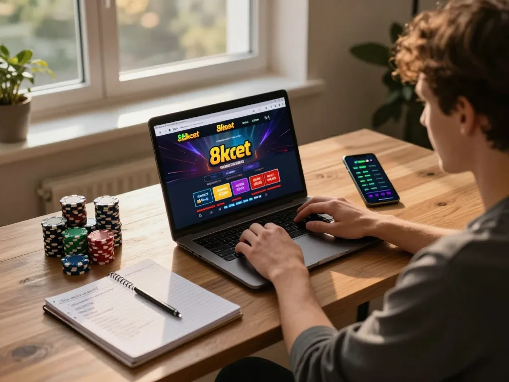 Player engaging with 8kbet casino on laptop while strategizing with notes and chips.