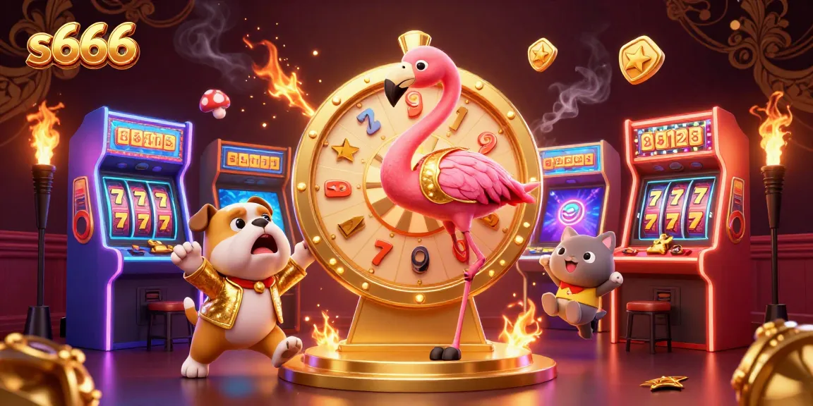 Exciting s666 scene where a flamingo game show host spins a golden prize wheel amidst jackpot slot machines.