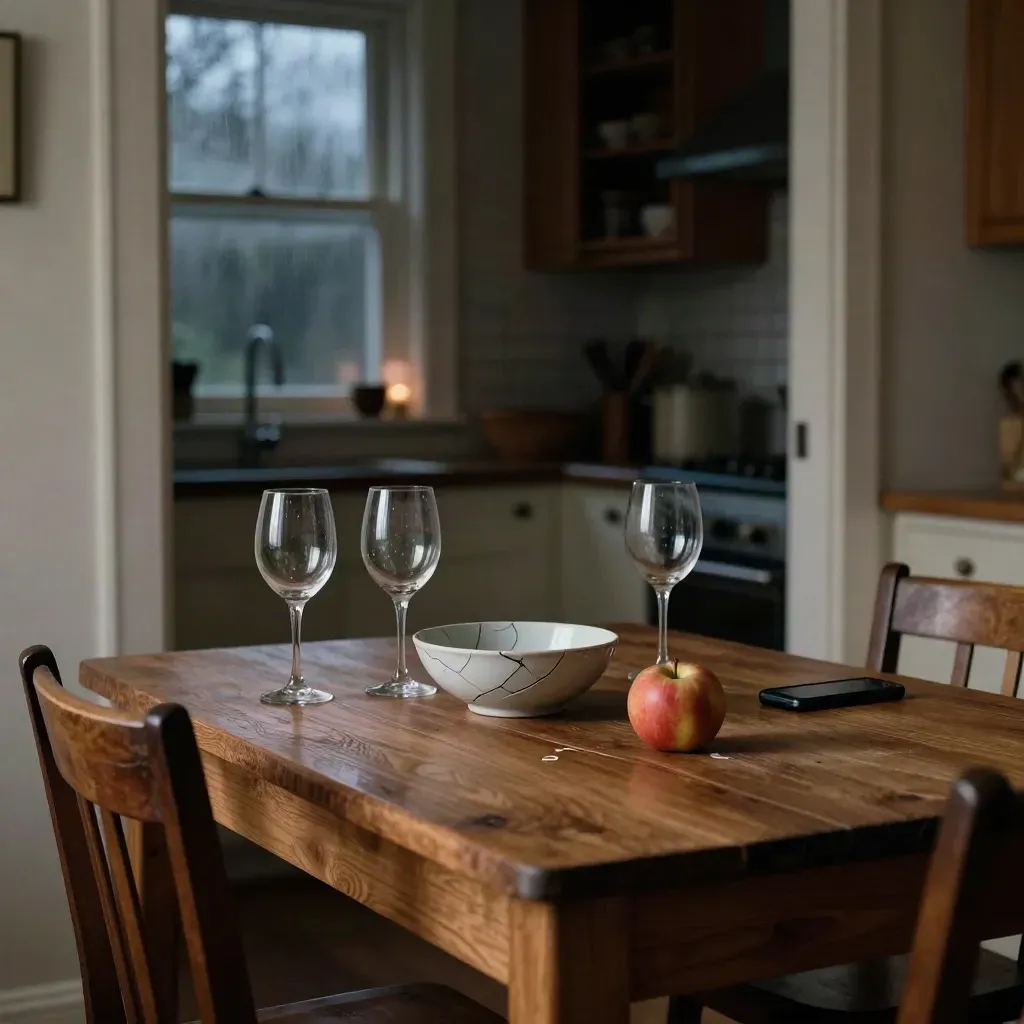 Storm-dark kitchen table with mismatched glasses, cracked bowl, bruised apple and face-down phone.