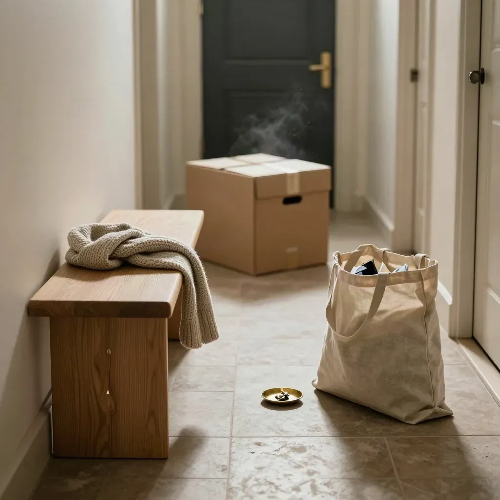 Hallway bench with moving box, scarf, tote, key dish and donation bag in morning light.