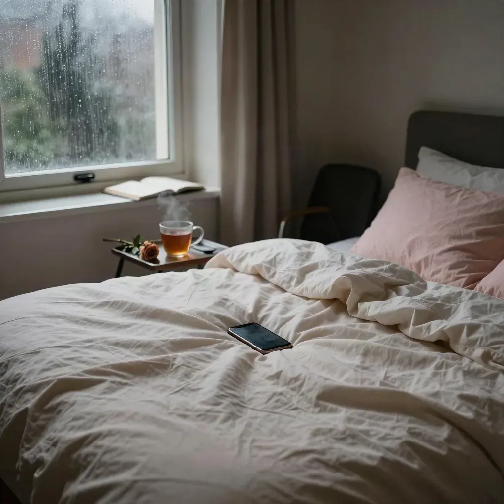 Rainy London bedroom after a breakup with duvet, phone, tea, roses and window haze.