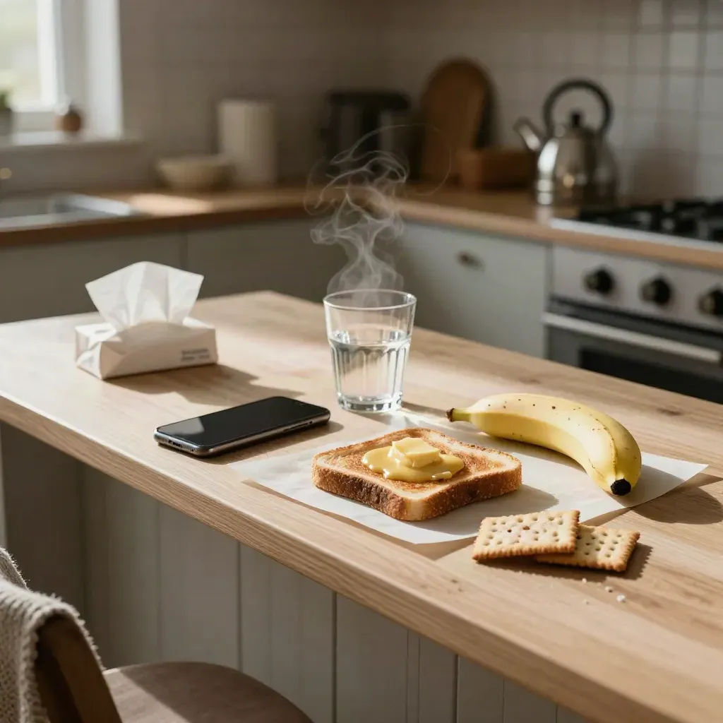 Breakfast counter with toast, banana, crackers, water, tissues, jumper and a dark phone.