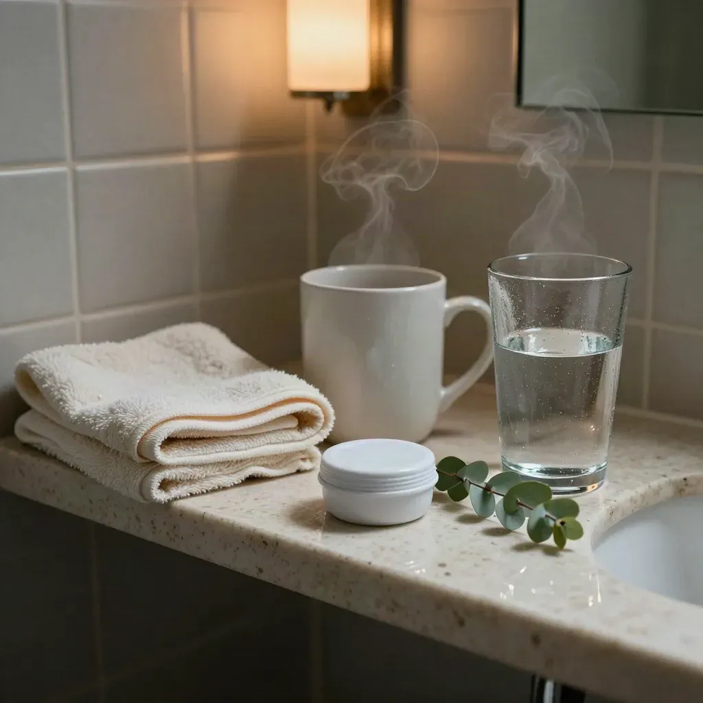Bathroom shelf with towel, mug, balm tin, water glass and eucalyptus in soft humid light