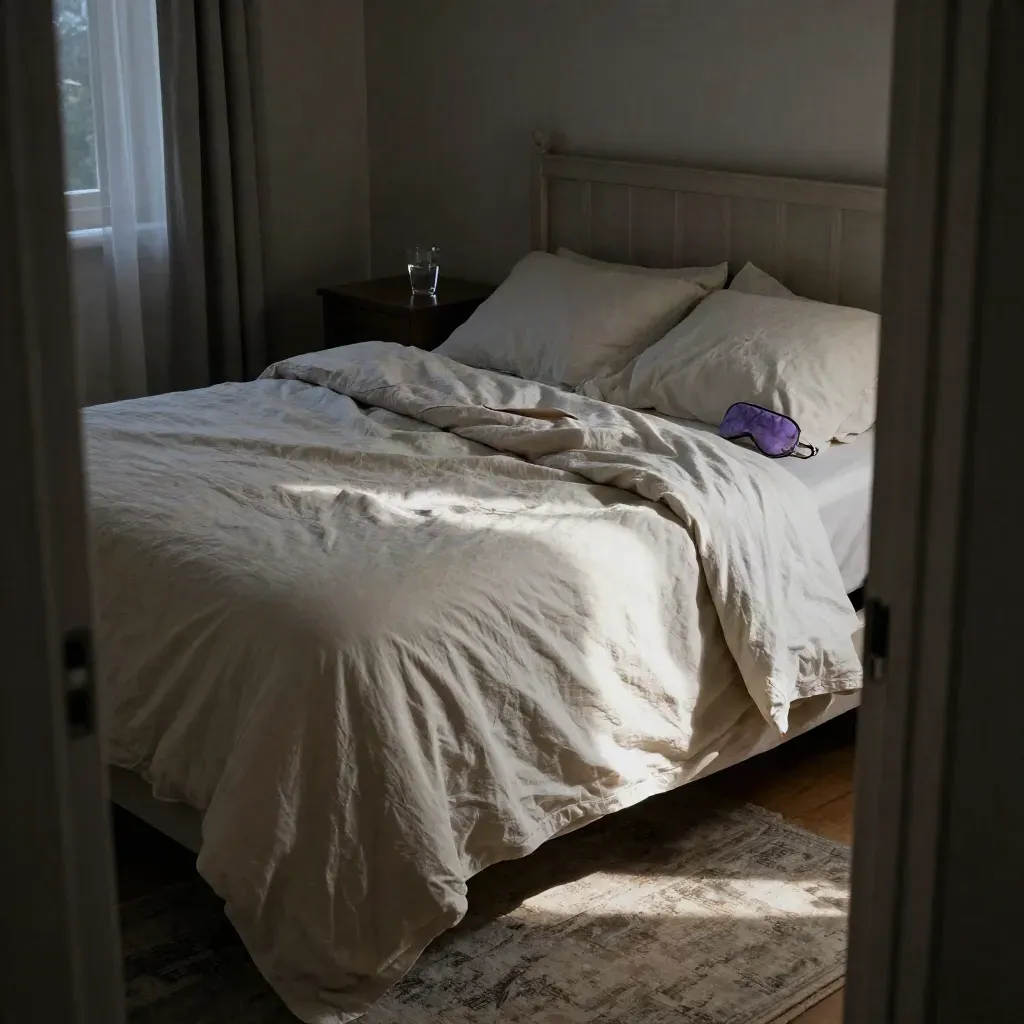 Unmade bed with eye mask, lavender sachet and water glass in a moonlit bedroom