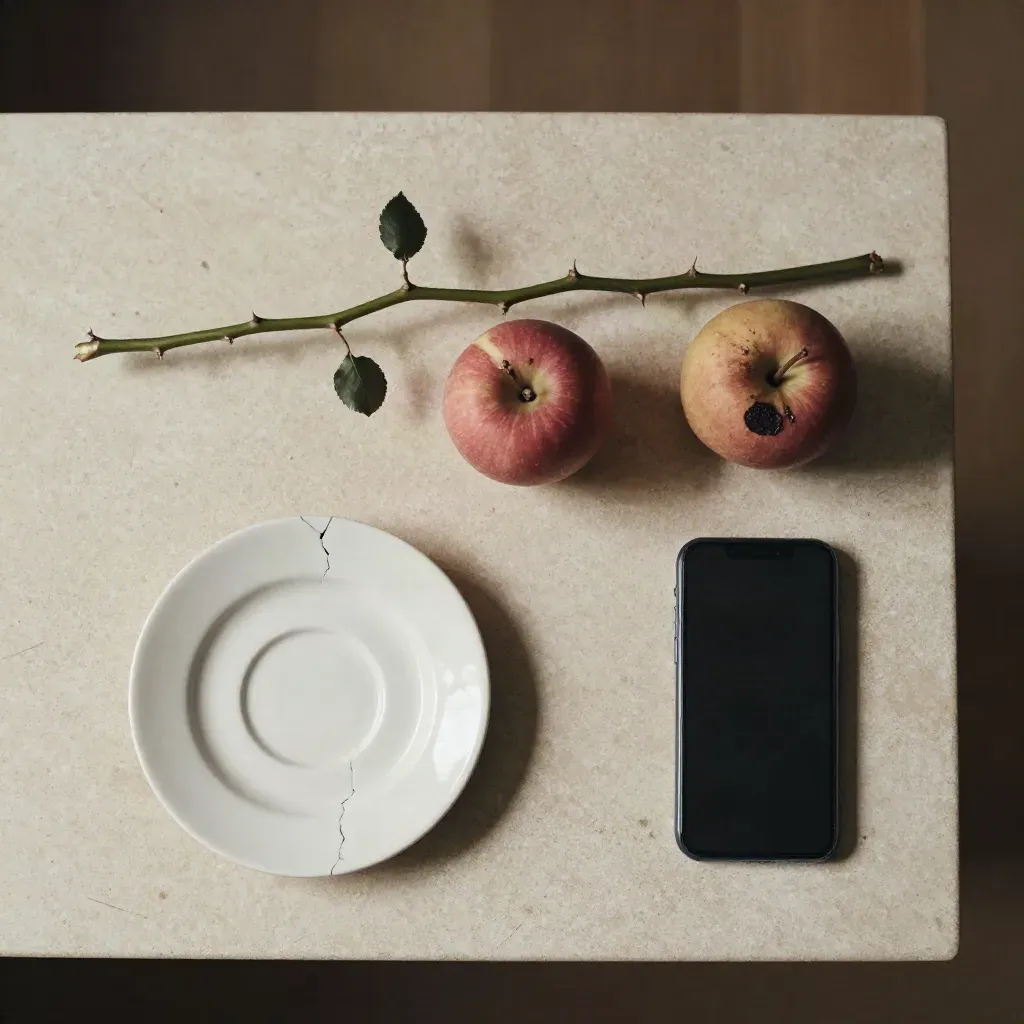 Top-down still life of a thorny rose stem, bruised apple, cracked saucer and face-down phone.
