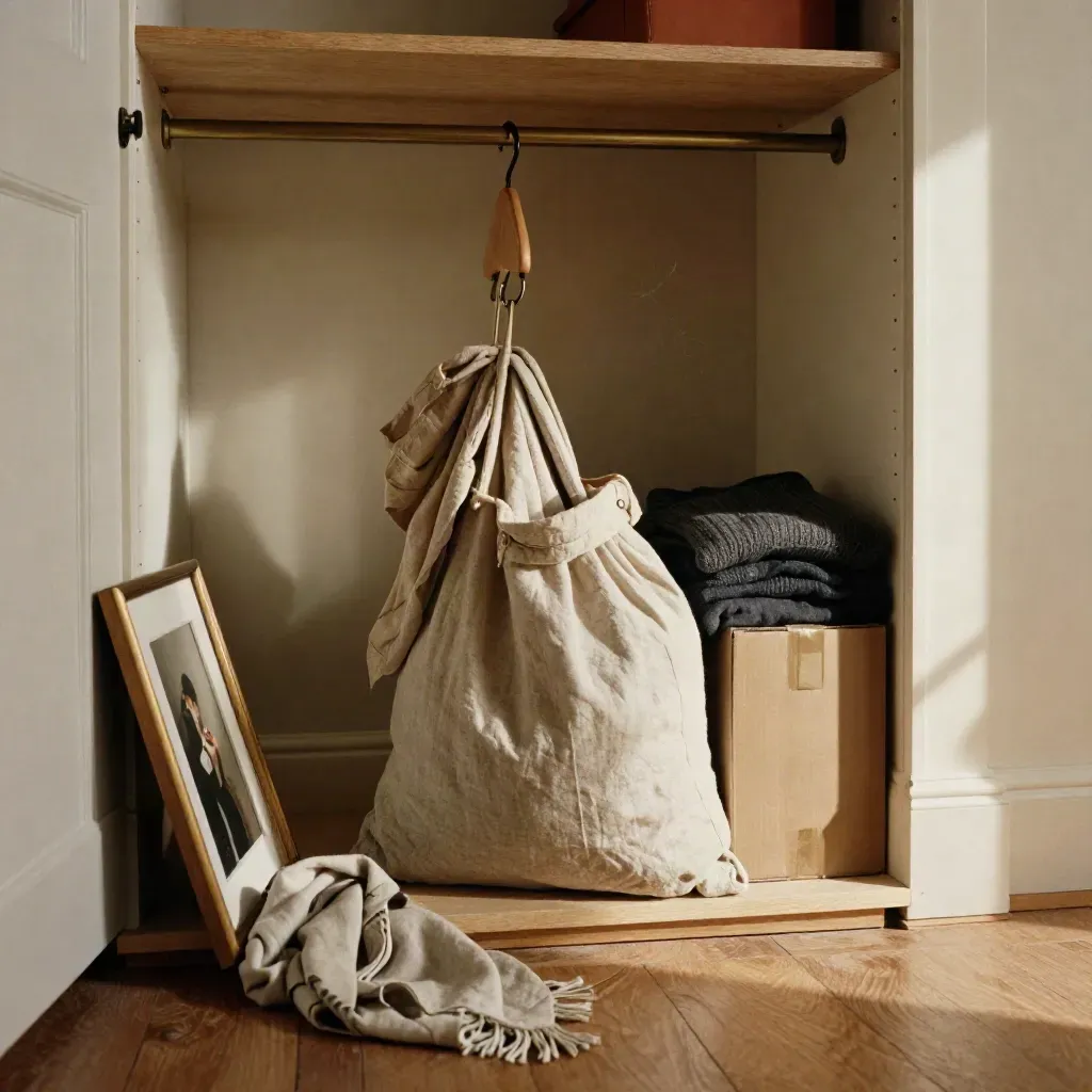 Open wardrobe with donation bag, sweater, box, scarf and a photo frame as a shirt falls in.