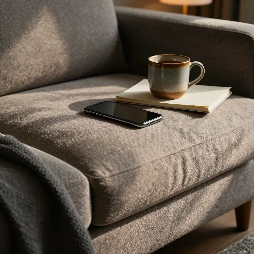 Phone, mug, and folded page resting on a sofa arm in soft afternoon light.