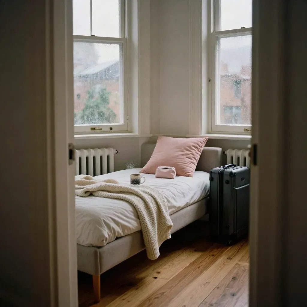 Rainy flat with suitcase, sofa-bed, mug and blanket by a dawn window
