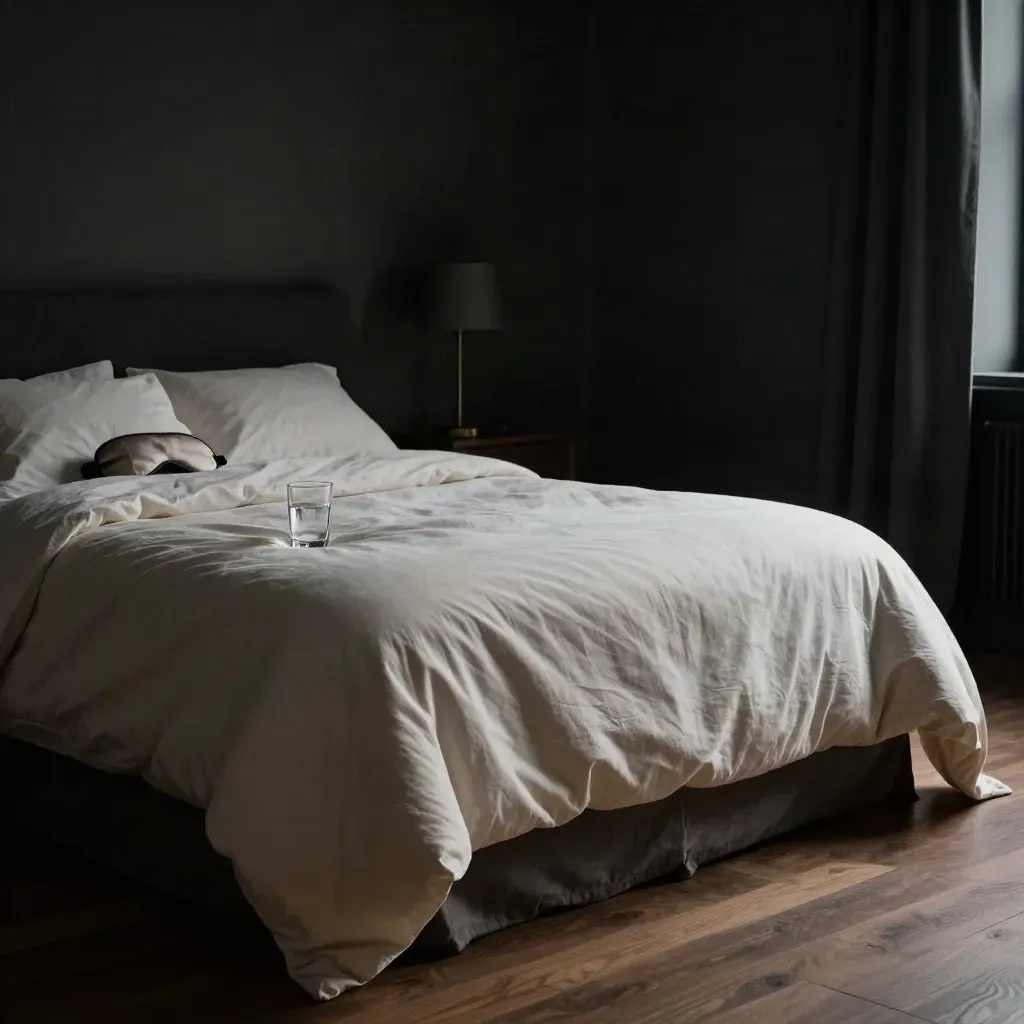 Dark bedroom with eye mask, water glass and blackout curtains in moonlit hush.