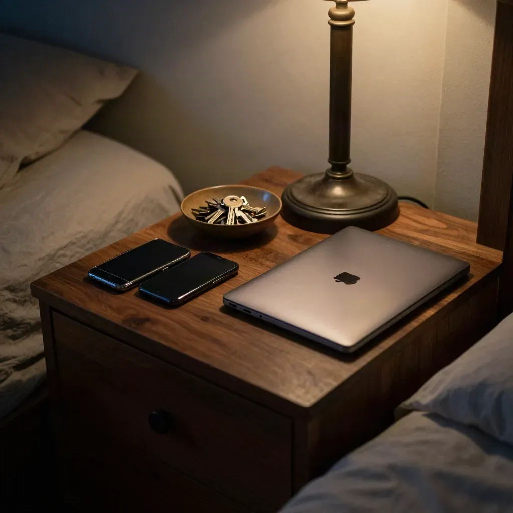 Bedside table with phones, laptop, keys and lamp in a moody evening bedroom doorway view.
