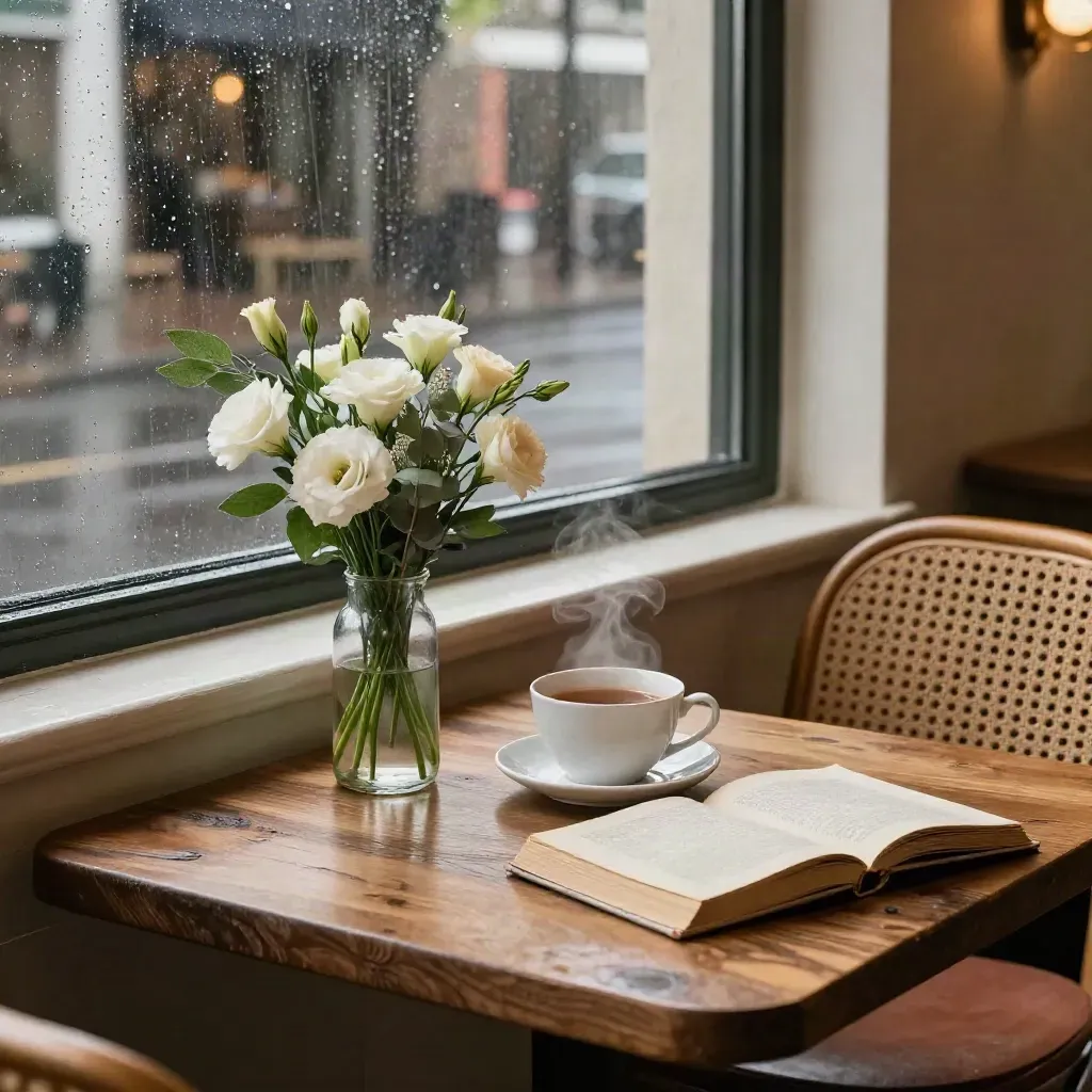 Rainy café window seat with tea, flowers, a closed book, and a waiting chair.
