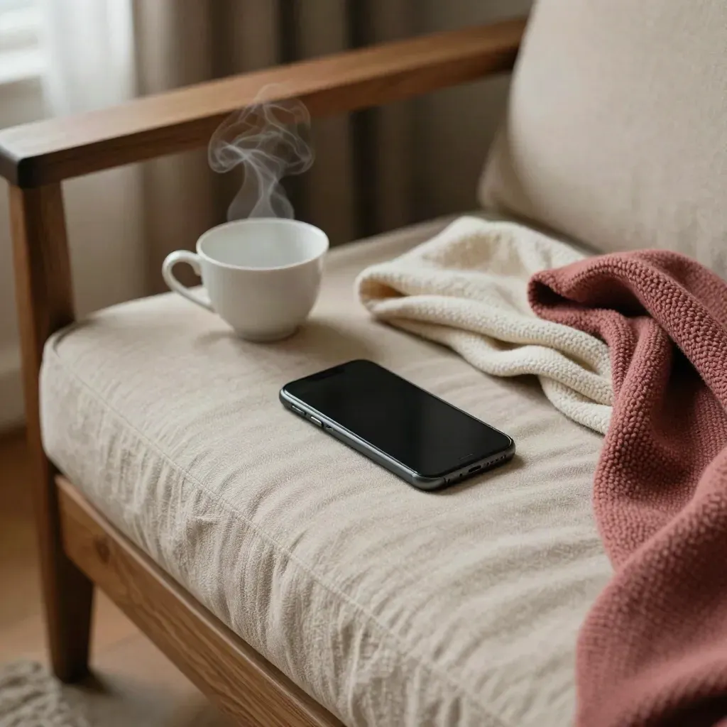 Face-down phone beside tea on a sofa arm, with a blanket and cushion in warm late-afternoon light.