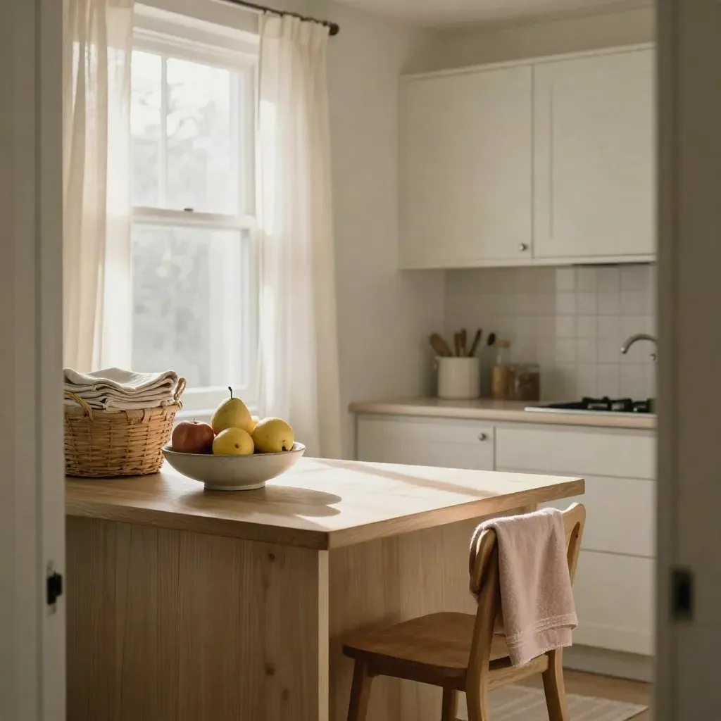 Bright kitchen reset with fruit bowl, folded laundry basket and open curtains in soft morning light.