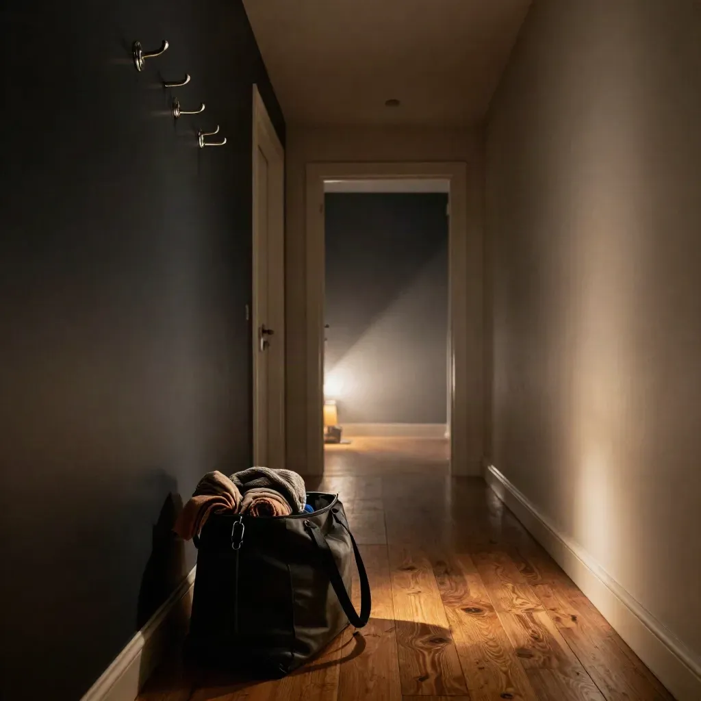 Dark hallway with a half-packed bag, coat hook and low lamp fading into shadow.